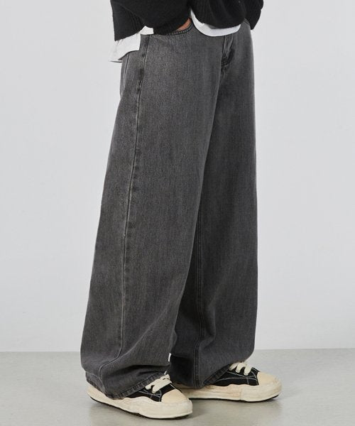 [Summer fabric added] Easy wide denim pants gray