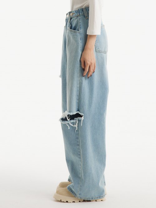 (Summer fabric added) Custom one-tuck damage wide denim pants light blue