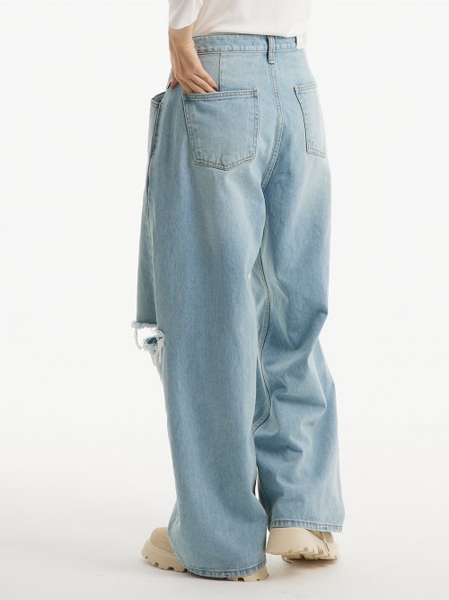 (Summer fabric added) Custom one-tuck damage wide denim pants light blue