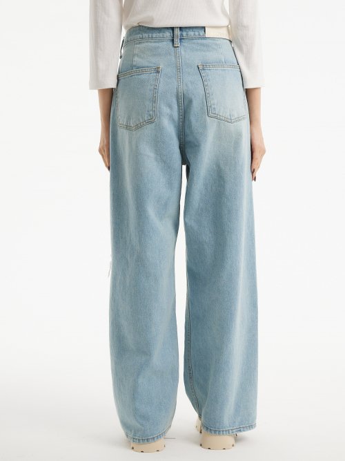 (Summer fabric added) Custom one-tuck damage wide denim pants light blue