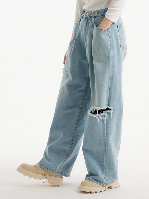(Summer fabric added) Custom one-tuck damage wide denim pants light blue
