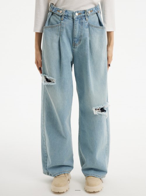 (Summer fabric added) Custom one-tuck damage wide denim pants light blue