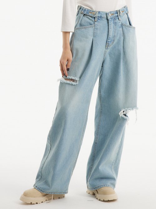(Summer fabric added) Custom one-tuck damage wide denim pants light blue
